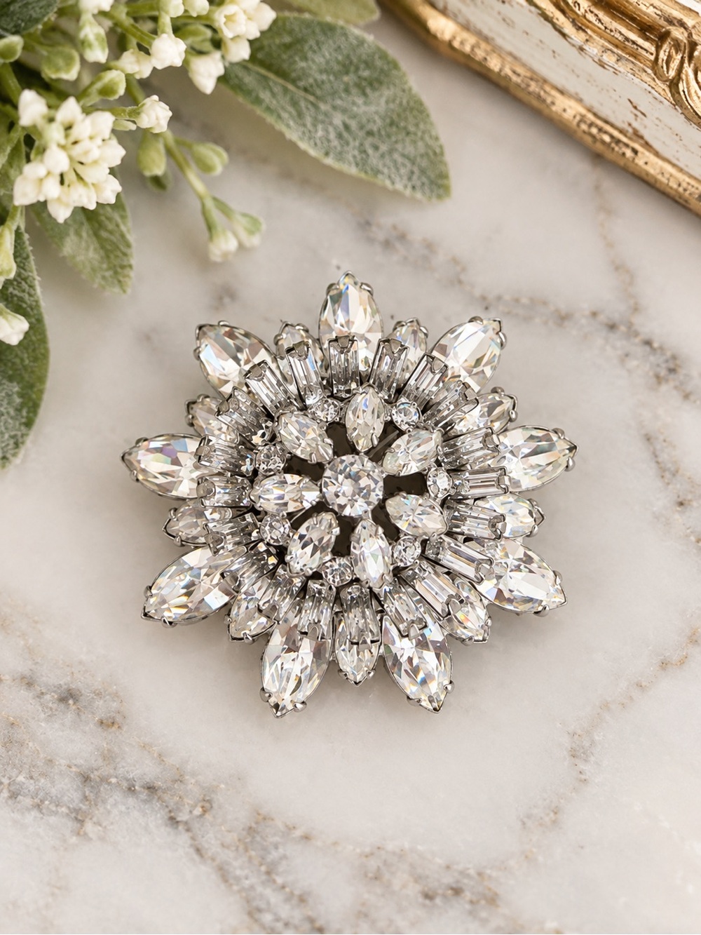 Vintage Rhinestone Floral Brooch Pin – Unmarked Silver Tone Statement Brooch